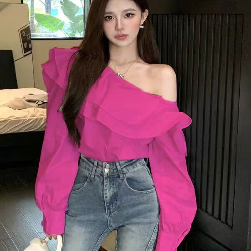 Elegant Long Sleeve Womens Shirt Shoulder Bared French Design Lotus Leaf Edge Spring Autumn Short Top Commute City Style Pink  - Image 2