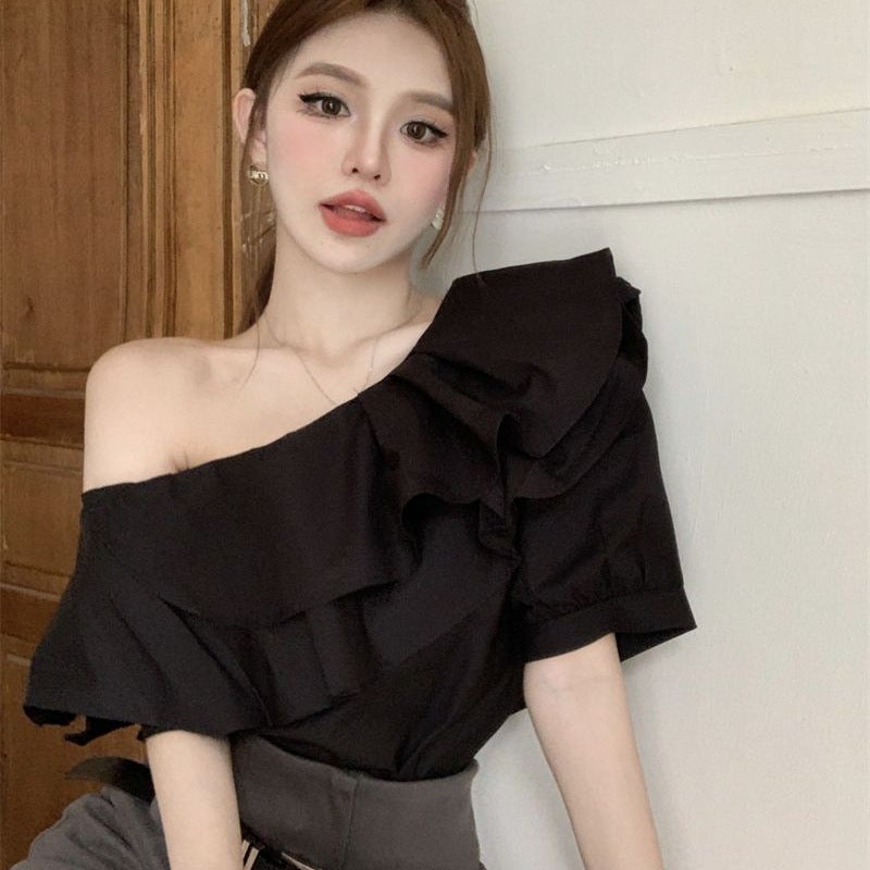 Elegant Long Sleeve Womens Shirt Shoulder Bared French Design Lotus Leaf Edge Spring Autumn Short Top Commute City Style Pink  - Image 4