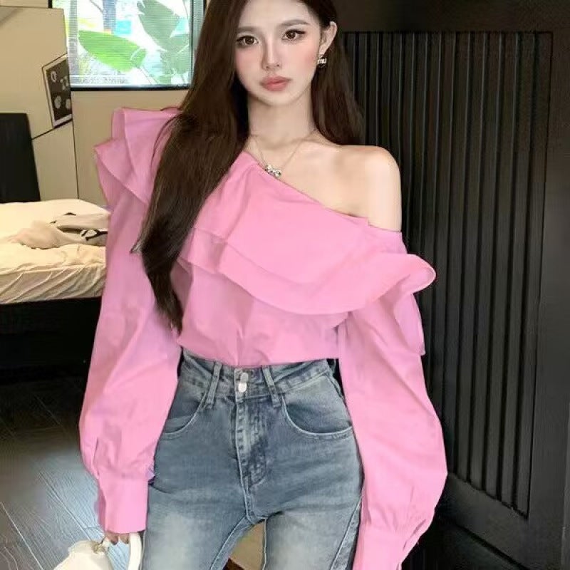Elegant Long Sleeve Womens Shirt Shoulder Bared French Design Lotus Leaf Edge Spring Autumn Short Top Commute City Style Pink  - Image 1