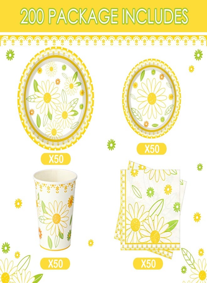 Irenare 200 Pcs Yellow Daisy Floral Party Plates Supplies - Disposable Dessert Paper Plates, Napkins, Cups - Birthday Decorations Dinnerware Set for Birthday, Baby Shower, Summer Theme Party - Image 2