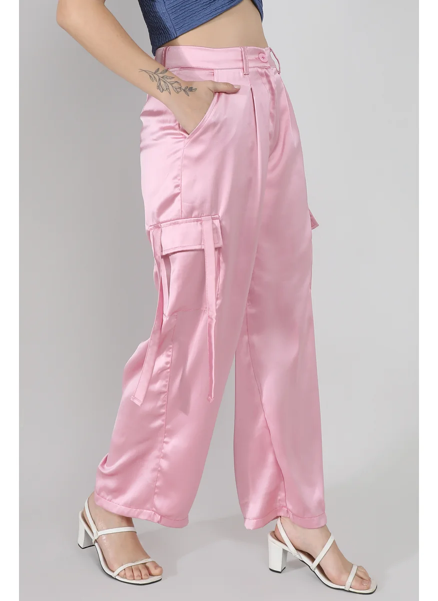 Campus Sutra Women's Blush Pink Boxy Satin Cargo Pants