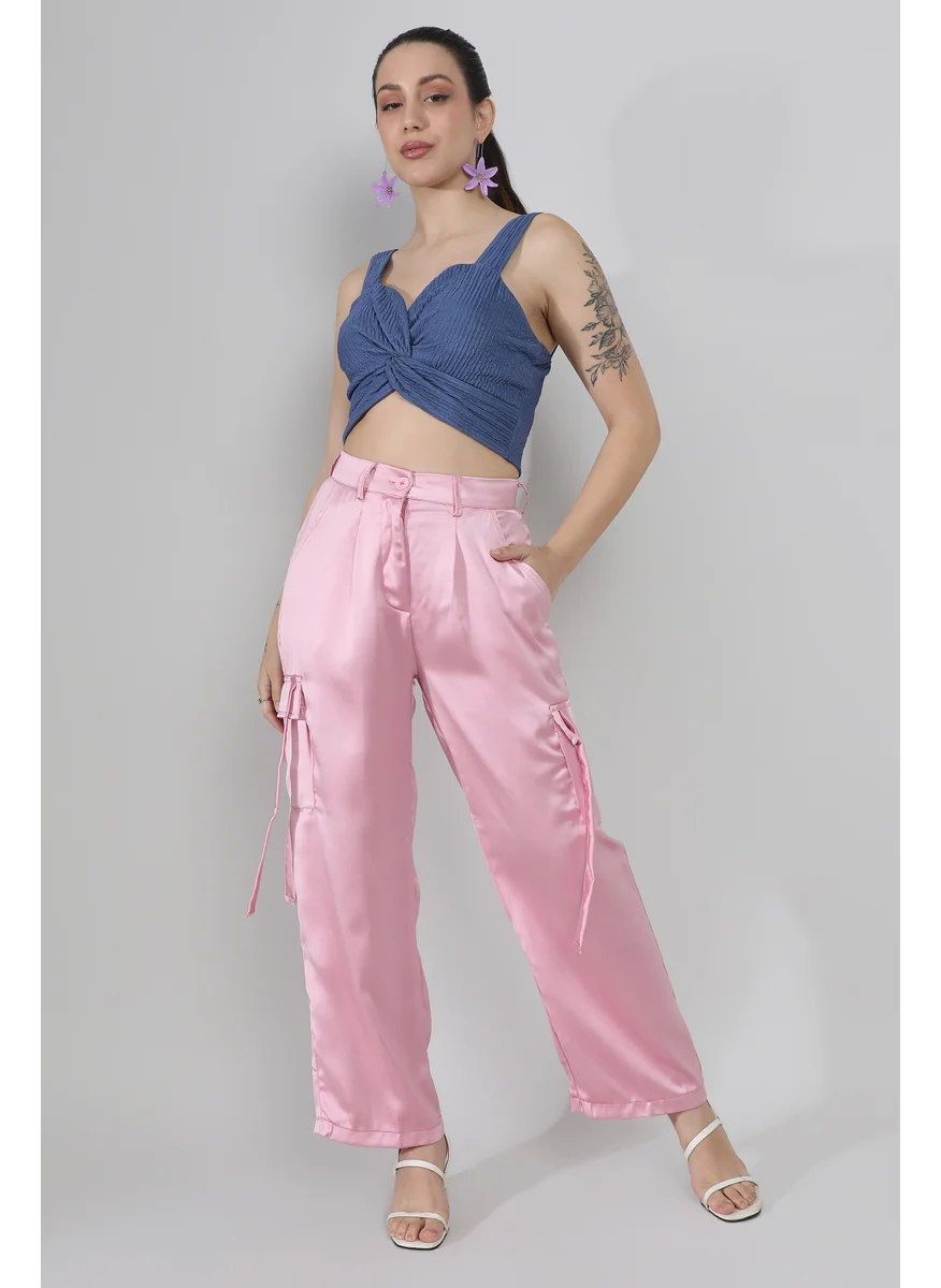 Campus Sutra Women's Blush Pink Boxy Satin Cargo Pants