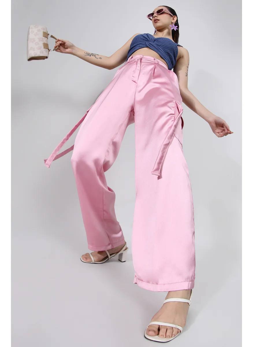 Campus Sutra Women's Blush Pink Boxy Satin Cargo Pants