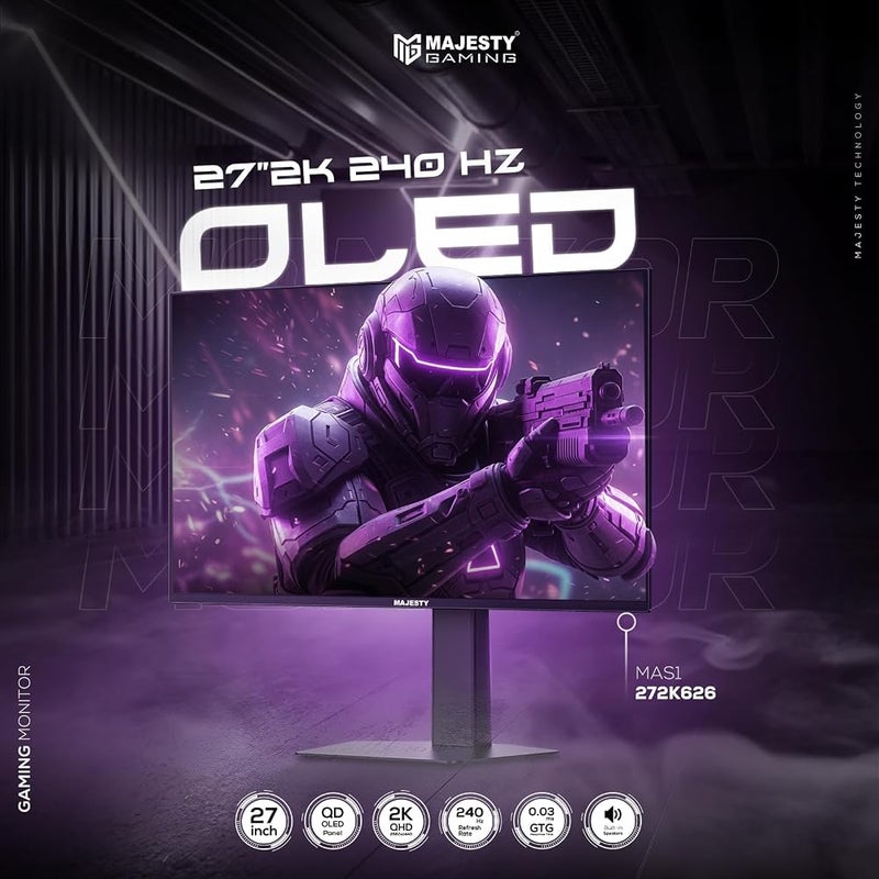 ماجيستي شاشة ألعاب Majesty OLED بحجم 27 بوصة، دقة 2K QHD QD-OLED تردد 240 هرتز زمن استجابة 0.03 مللي ثانية دعم تقنية HDR400 دقة ألوان 120% sRGB توافق مع تقنيات G-SYNC وFreeSync منافذ HDMI 2.1 وDP وVESA مكبرات صوت مدمجة خلفية بألوا - Image 2