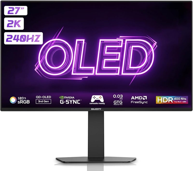 ماجيستي شاشة ألعاب Majesty OLED بحجم 27 بوصة، دقة 2K QHD QD-OLED تردد 240 هرتز زمن استجابة 0.03 مللي ثانية دعم تقنية HDR400 دقة ألوان 120% sRGB توافق مع تقنيات G-SYNC وFreeSync منافذ HDMI 2.1 وDP وVESA مكبرات صوت مدمجة خلفية بألوا - Image 1