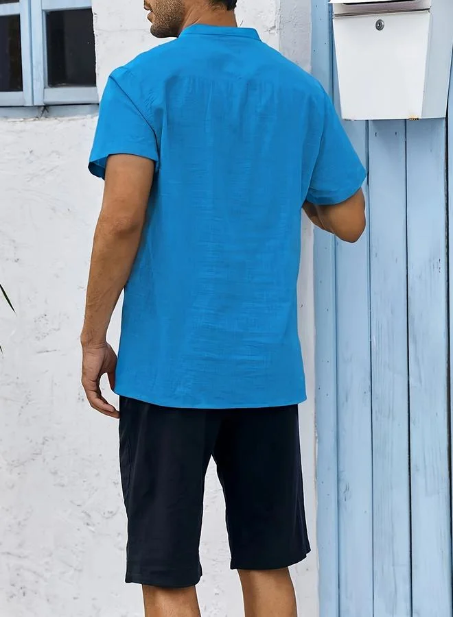 Take Two Men Casual Stand Collar Linen Look Shirt