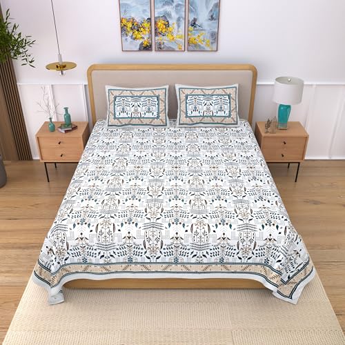 EasyGoods® 100% Pure Cotton Jaipuri Bedsheet with Pillow Covers | Soft & Breathable Fabric | Traditional Floral Print | Cotton Bedsheet (Blue 2, King) - Image 2