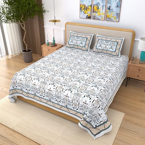 EasyGoods® 100% Pure Cotton Jaipuri Bedsheet with Pillow Covers | Soft & Breathable Fabric | Traditional Floral Print | Cotton Bedsheet (Blue 2, King) - Image 3