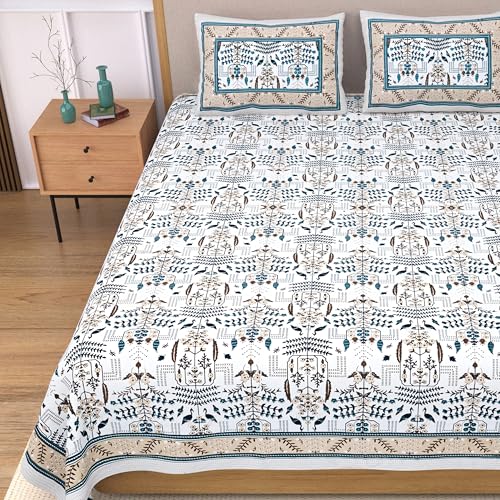 EasyGoods® 100% Pure Cotton Jaipuri Bedsheet with Pillow Covers | Soft & Breathable Fabric | Traditional Floral Print | Cotton Bedsheet (Blue 2, King) - Image 1