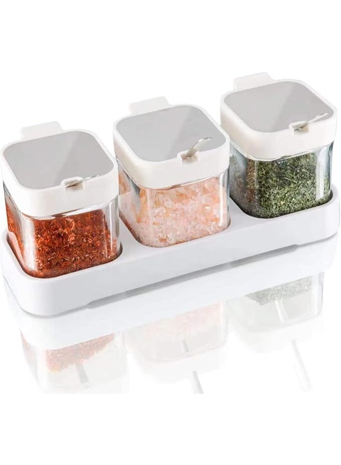 عربست عبوات توابل حاوية توابل سعة 8.6 أونصة، أوعية توابل للمطبخ مع أغطية وملاعق، علبة توابل زجاجية للشاي والقهوة والسكر، طقم من 3 أوعية، أبيض - Image 1