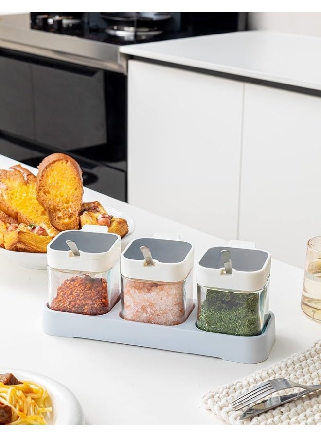 عربست عبوات توابل حاوية توابل سعة 8.6 أونصة، أوعية توابل للمطبخ مع أغطية وملاعق، علبة توابل زجاجية للشاي والقهوة والسكر، طقم من 3 أوعية، أبيض - Image 2
