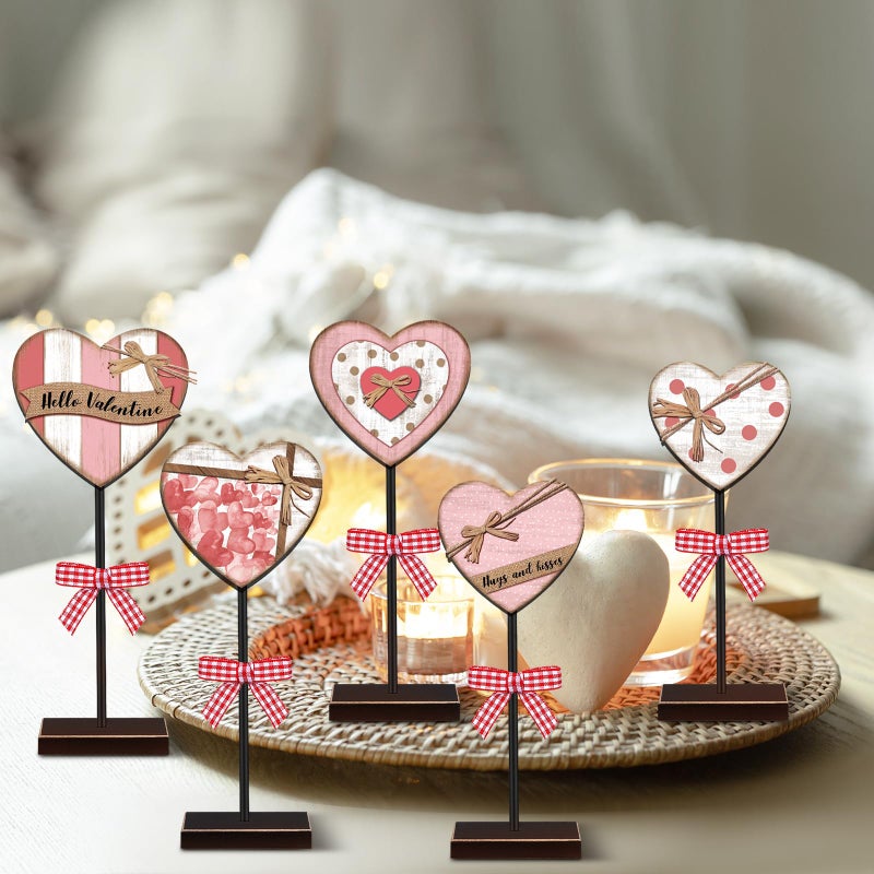 GlikCeil 5 Pcs Valentine's Day Heart Table Decor Rustic Distressed Valentines Wooden Sign Pink Red Heart Tall Standing Centerpiece Farmhouse Tiered Tray Decor Valentines Day Decoration for Home Desk - Image 5