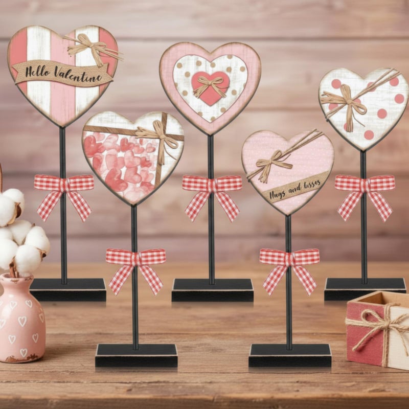 GlikCeil 5 Pcs Valentine's Day Heart Table Decor Rustic Distressed Valentines Wooden Sign Pink Red Heart Tall Standing Centerpiece Farmhouse Tiered Tray Decor Valentines Day Decoration for Home Desk - Image 1