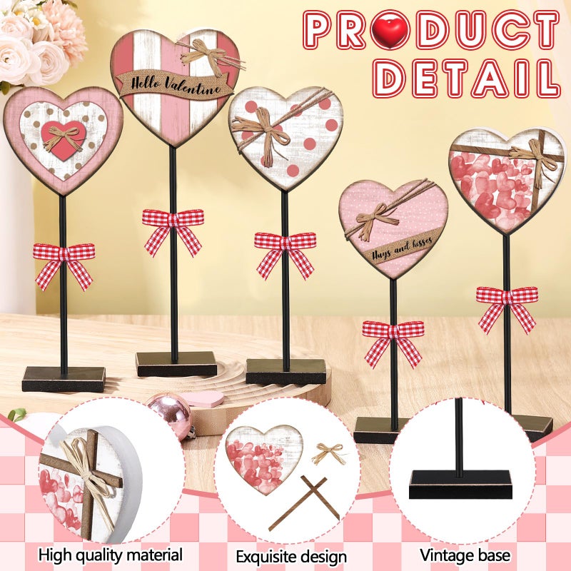 GlikCeil 5 Pcs Valentine's Day Heart Table Decor Rustic Distressed Valentines Wooden Sign Pink Red Heart Tall Standing Centerpiece Farmhouse Tiered Tray Decor Valentines Day Decoration for Home Desk - Image 3