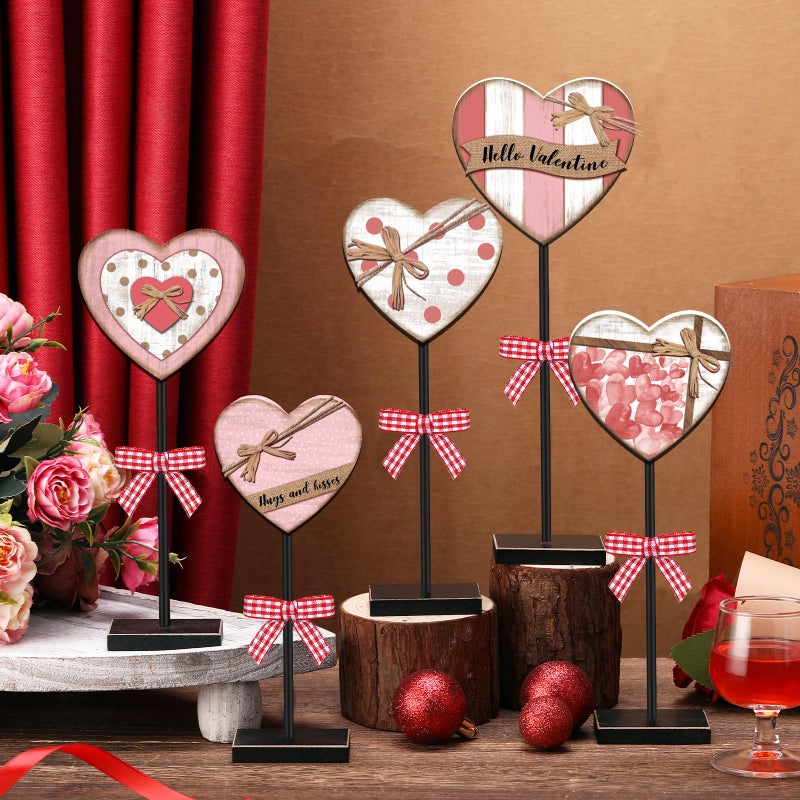 GlikCeil 5 Pcs Valentine's Day Heart Table Decor Rustic Distressed Valentines Wooden Sign Pink Red Heart Tall Standing Centerpiece Farmhouse Tiered Tray Decor Valentines Day Decoration for Home Desk - Image 2