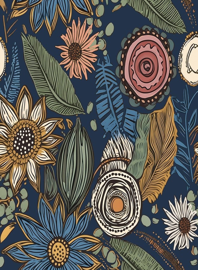 Laatse Blue Boho Wallpaper Peel and Stick,Vintage Floral Contact Paper 17.5" x 393.7", Retro Flower Paisley Botanical Wall Paper Self Adhesive Removable Waterproof for Walls Shelves Cabinet Table Decoration - Image 1
