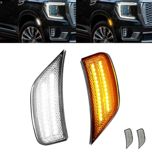 ROCCS LED Amber & White Side Marker Lights Compatible with 2021 2022 2023 2024 GMC Yukon/Yukon XL/Yukon Denali/Chevy Tahoe/Suburban/Escalade/Escalade ESV Front Bumper Turn Singal Light,Clear Lens - Image 1