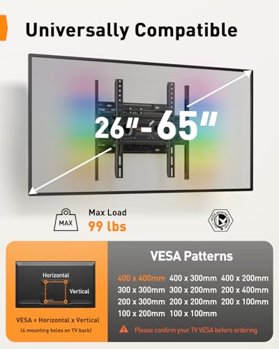 Perlegear AuraFrame™ Pre-Assembled TV Wall Mount with LED Lights for 26-65 inch TVs up to 99 lbs, Max VESA 400x400mm, Swivel, Extension, Tilt, TV Backlights with Music Sync, Fits 16”/12” Wood Studs - Image 2