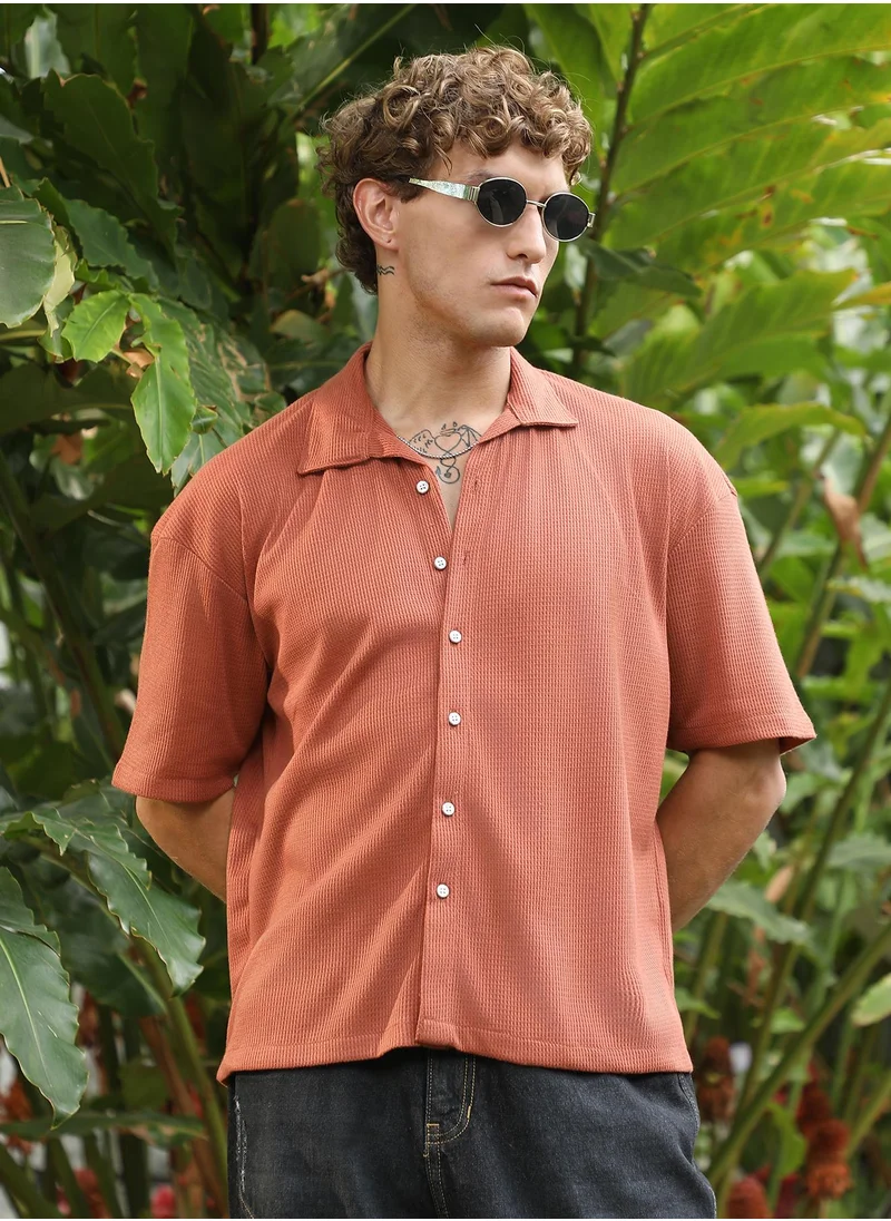 كامبوس سوترا Men's Burnt Sienna Waffle-Knit Shirt For Casual Wear | Spread Collar | Short Regular Sleeves | Button Closure | Oversized Shirt Crafted With Comfort Fit For Everyday Wear