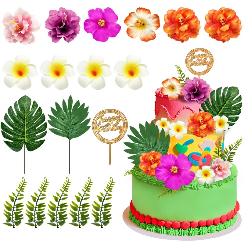 Firleayo 18pcs Hawaiian Flowers Cake Decorations Tropical Themed Cake Toppers Summer Flower Cupcake Topper with Palm Leaves Hibiscus Luau Cupcake Topper Aloha Beach Decor for Birthday Party Supplies - Image 2