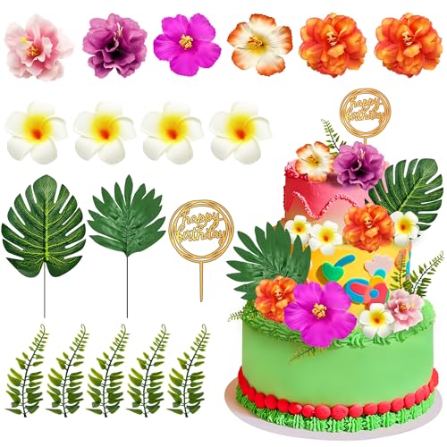 Firleayo 18pcs Hawaiian Flowers Cake Decorations Tropical Themed Cake Toppers Summer Flower Cupcake Topper with Palm Leaves Hibiscus Luau Cupcake Topper Aloha Beach Decor for Birthday Party Supplies - Image 1