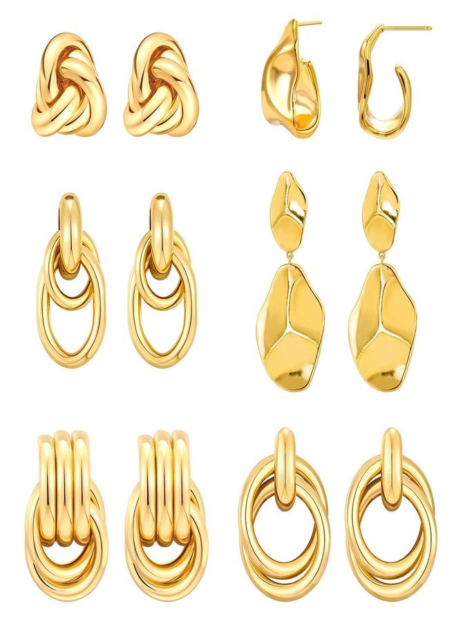 QJLE 6 Pair Chunky Gold Earrings for Women, Geometric Hoop Dangle Earrings Lightweight Teardrop Statement Drop Earrings for Women Trendy Jewelry - Image 1