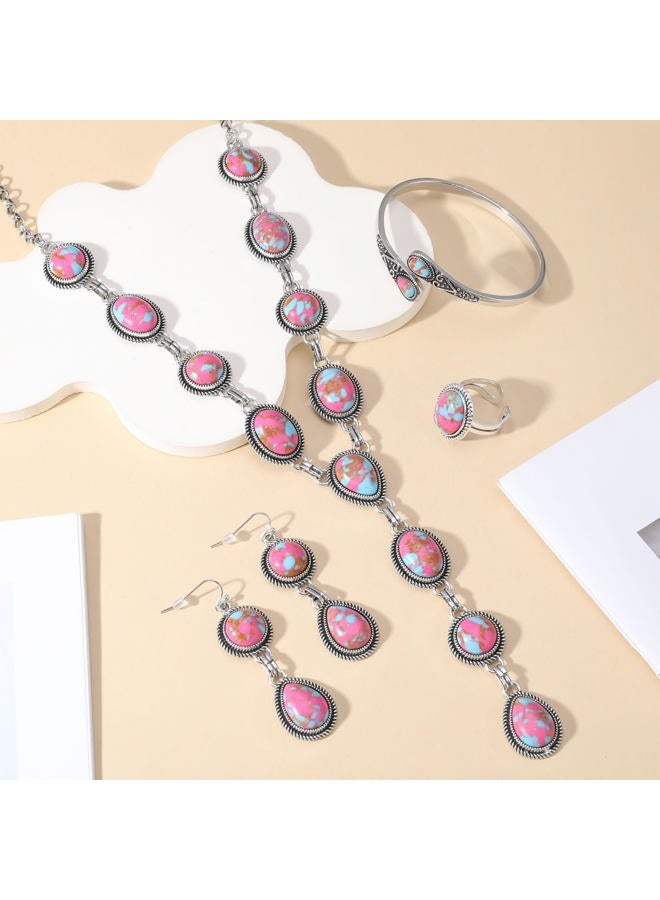JMScape 4 PCS Western Turquoise Jewelry for Women Boho Vintage Navajo Pearl Necklace Earring Bracelet Ring Set Country Cowgirl Accessories for Gift, Large, Metal, Turquoise - Image 3
