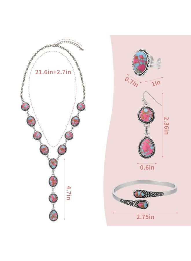 JMScape 4 PCS Western Turquoise Jewelry for Women Boho Vintage Navajo Pearl Necklace Earring Bracelet Ring Set Country Cowgirl Accessories for Gift, Large, Metal, Turquoise - Image 5