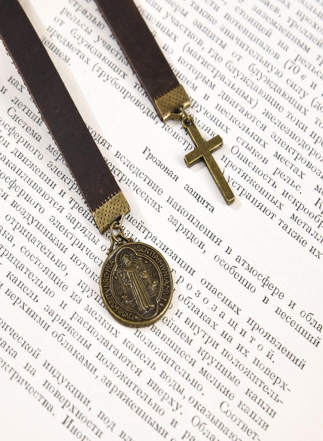 Donxote Bookmarks, Handmade Retro Cross Bible Bookmark with Long Leather Straps, Saint Benedict Book Mark, Ideal Catholic Gift (Style 1) - Image 3