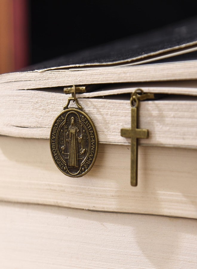 Donxote Bookmarks, Handmade Retro Cross Bible Bookmark with Long Leather Straps, Saint Benedict Book Mark, Ideal Catholic Gift (Style 1) - Image 2