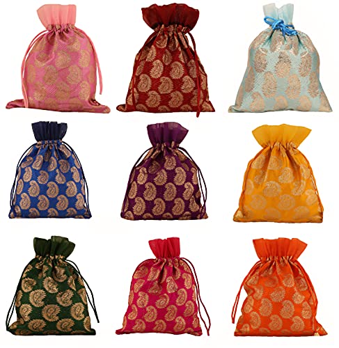 Touchstone Drawstring Bags Traditional Indian Handcrafted in Paisley Pattern Brocade fabric. Perfect for Gifts Jewelry Weddings Sweet Distribution Set of 9 Vibrant Multicolor Pouches Purses Potli. - Image 1