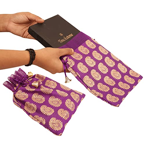 Touchstone Drawstring Bags Traditional Indian Handcrafted in Paisley Pattern Brocade fabric. Perfect for Gifts Jewelry Weddings Sweet Distribution Set of 9 Vibrant Multicolor Pouches Purses Potli. - Image 3