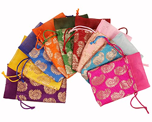 Touchstone Drawstring Bags Traditional Indian Handcrafted in Paisley Pattern Brocade fabric. Perfect for Gifts Jewelry Weddings Sweet Distribution Set of 9 Vibrant Multicolor Pouches Purses Potli. - Image 5