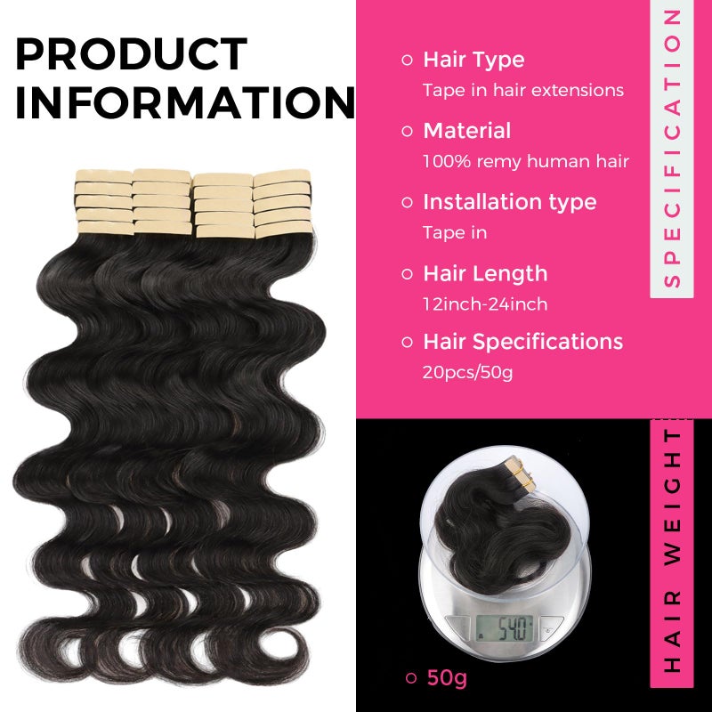 Lashey Tape in Hair Extensions Human Hair 20 Inch Body Wave 100% Invisible Soft Remy Human Hair Natural Black 50g/pack 20pcs for Women - Image 2