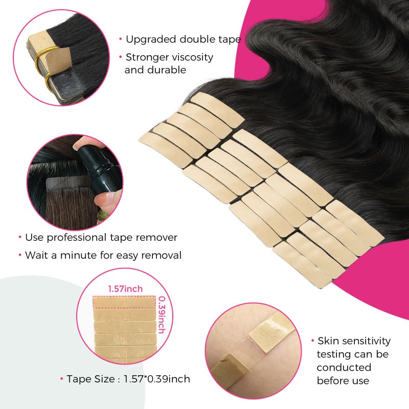 Lashey Tape in Hair Extensions Human Hair 20 Inch Body Wave 100% Invisible Soft Remy Human Hair Natural Black 50g/pack 20pcs for Women - Image 3