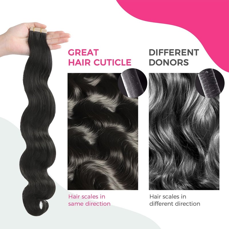 Lashey Tape in Hair Extensions Human Hair 20 Inch Body Wave 100% Invisible Soft Remy Human Hair Natural Black 50g/pack 20pcs for Women - Image 5
