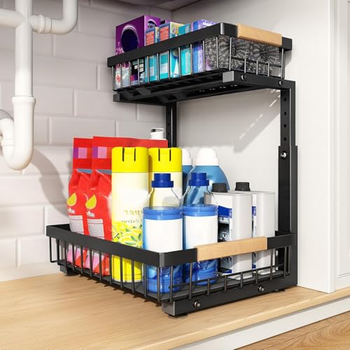 PXRACK Under Sink Organizer, Adjustable Height, 2 Tier Pull Out Under Cabinet Organizer, Slide Out Thickened Metal Under Sink Storage for Kitchen Bathroom Laundry Pantry Cabinet,1-Pack, Black - Image 1