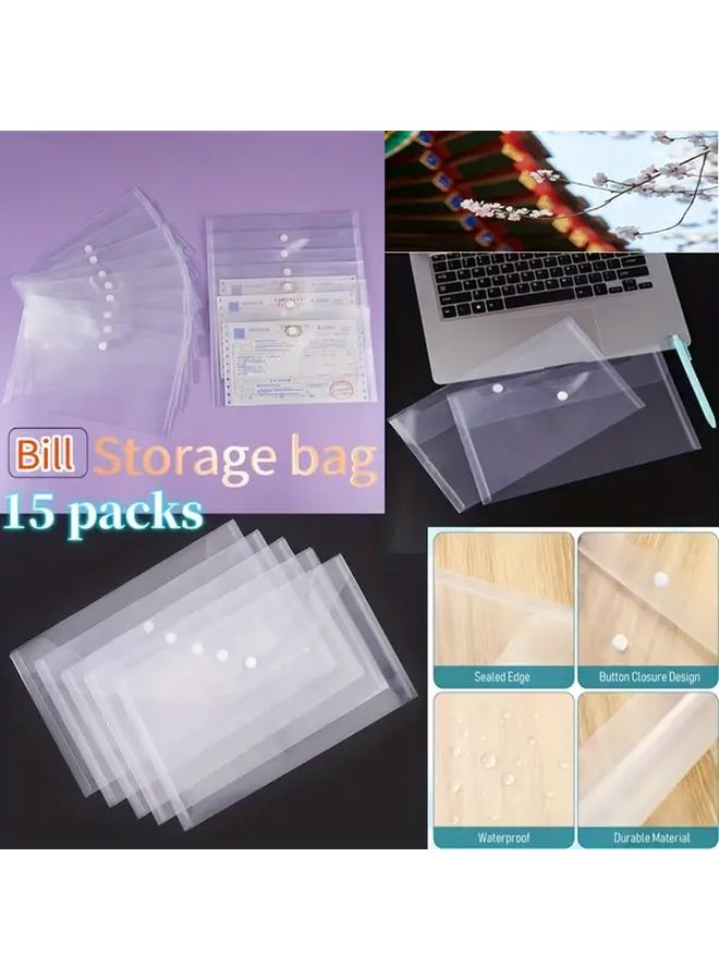 Transparent 15 Pack Waterproof PP Document Storage Bags with Button Closure - Image 1