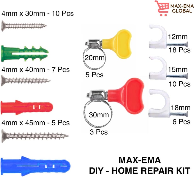 MAX-EMA GLOBAL مجموعة MAX-EMA لتثبيت الجدران، البراغي، مشابك الخرطوم ومشابك الكابلات - مجموعة أدوات تحسين المنزل 86 قطعة مع مشابك أنابيب من الفولاذ المقاوم للصدأ، براغي مسطحة، دعامات جدارية، ومشابك خرطوم قابلة للتعديل - Image 2