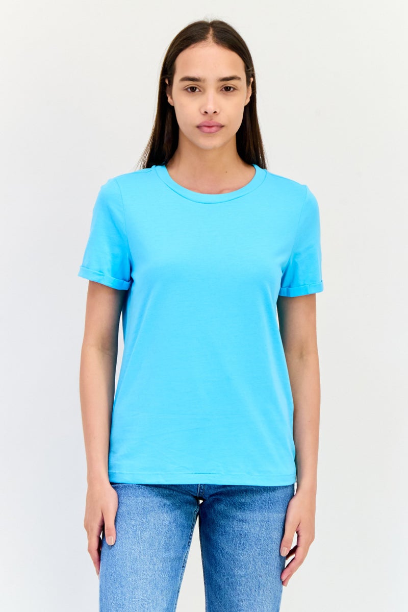 VERO MODA Women Crew Neck Short Sleeve Solid T-Shirt, Light Blue - Image 1