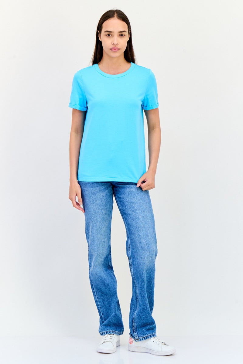 VERO MODA Women Crew Neck Short Sleeve Solid T-Shirt, Light Blue - Image 4