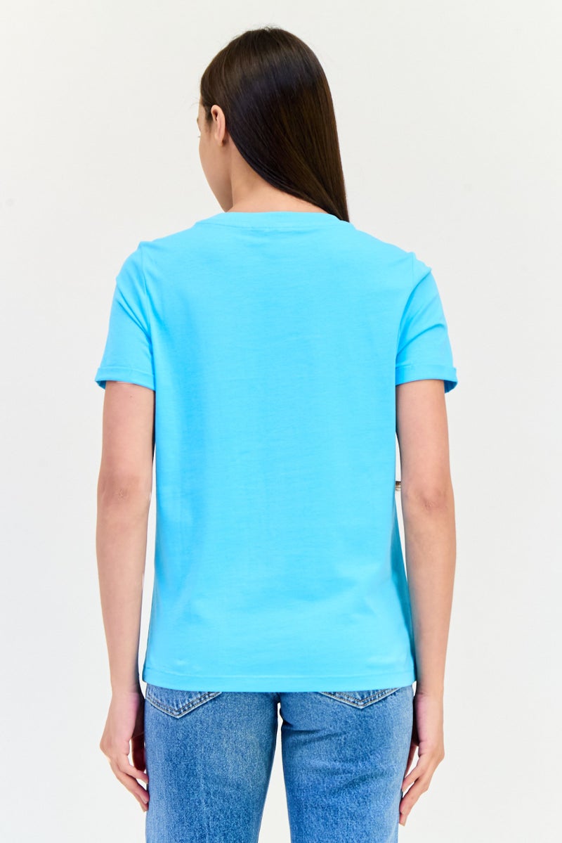 VERO MODA Women Crew Neck Short Sleeve Solid T-Shirt, Light Blue - Image 2