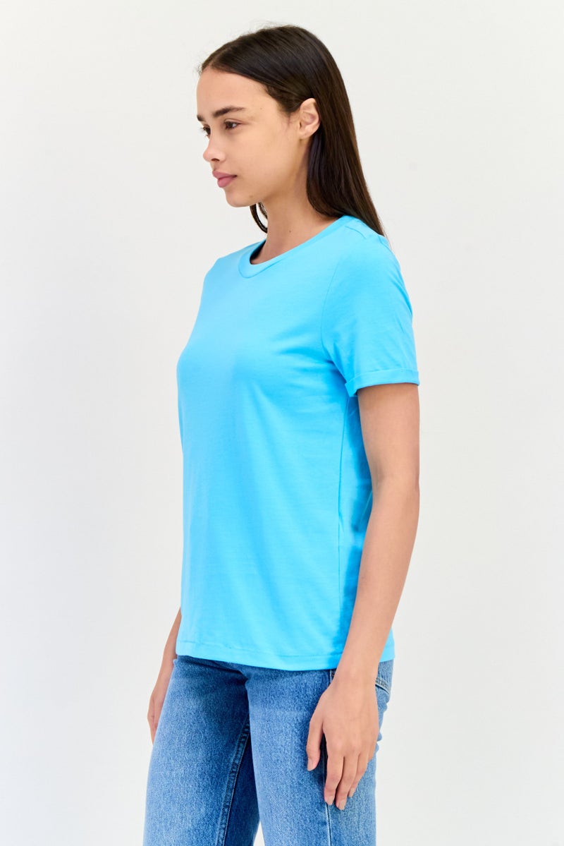 VERO MODA Women Crew Neck Short Sleeve Solid T-Shirt, Light Blue - Image 3