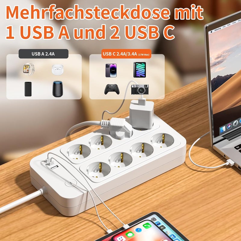 realmade Power Strip 8-Way Multiple Socket with USB-C 3 m, 8-Way Socket with Child Lock, Safe Multiple Socket with Switch for Home, Power Strip with Switch for Office and Kitchen - Image 3