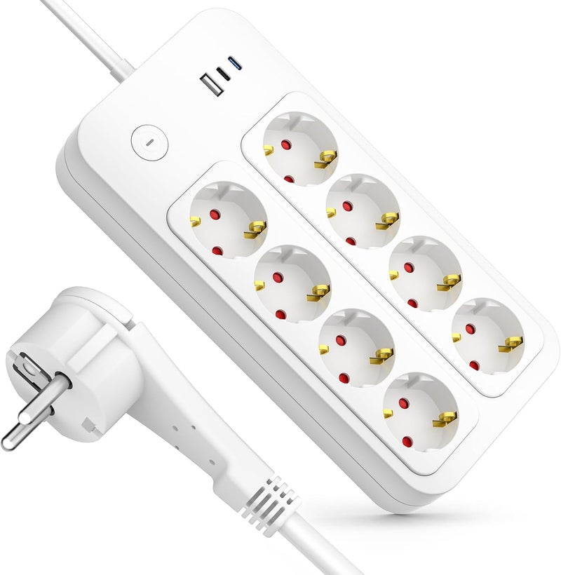 realmade Power Strip 8-Way Multiple Socket with USB-C 3 m, 8-Way Socket with Child Lock, Safe Multiple Socket with Switch for Home, Power Strip with Switch for Office and Kitchen - Image 1