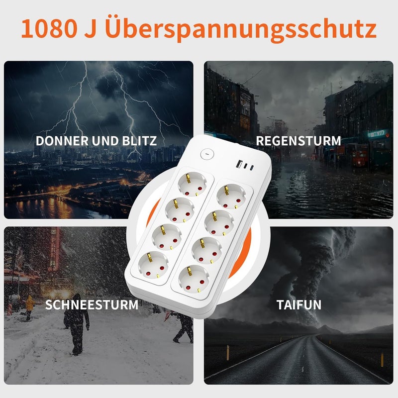 realmade Power Strip 8-Way Multiple Socket with USB-C 3 m, 8-Way Socket with Child Lock, Safe Multiple Socket with Switch for Home, Power Strip with Switch for Office and Kitchen - Image 4