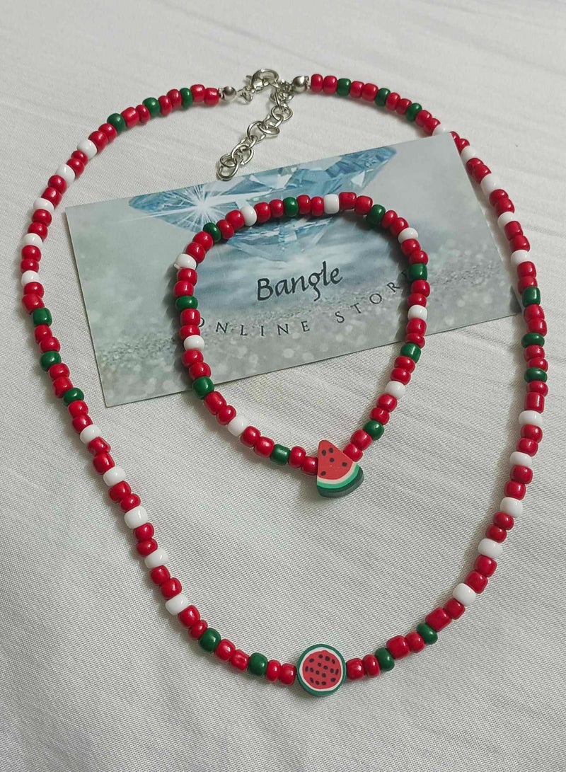 Fashion Choker Watermelon Beads Rubber Stick Necklace And Bracelet White, Red & Green