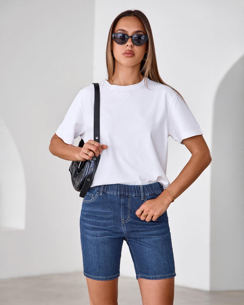 luvamia Jean Shorts for Women Trendy Pull On Mid Rise Elastic Waist Summer Casual Stretchy Long Denim Walking Shorts Indigo Dark Blue Size X-Large Fits US 16-18 - Image 2