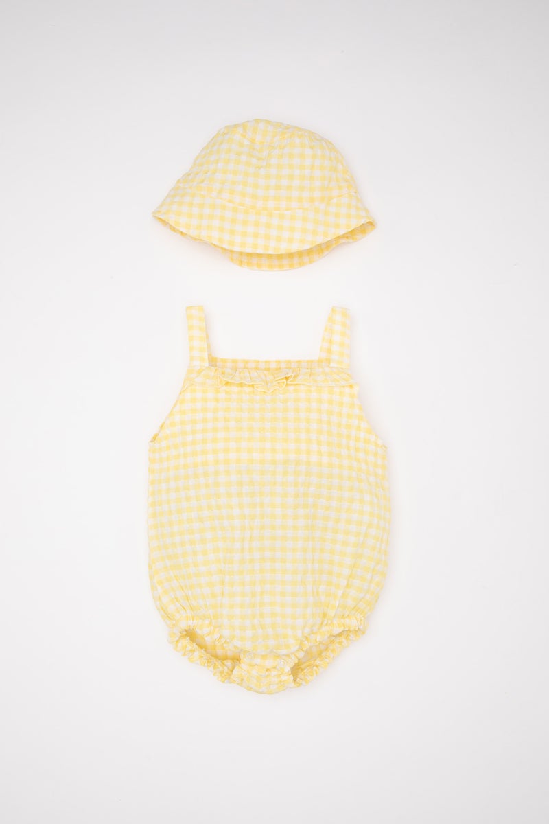 DeFacto Yellow BabyGirl Baby Girl Newborn Checkered Snap Jumpsuit Hat 2 Piece Set Casual - Image 1