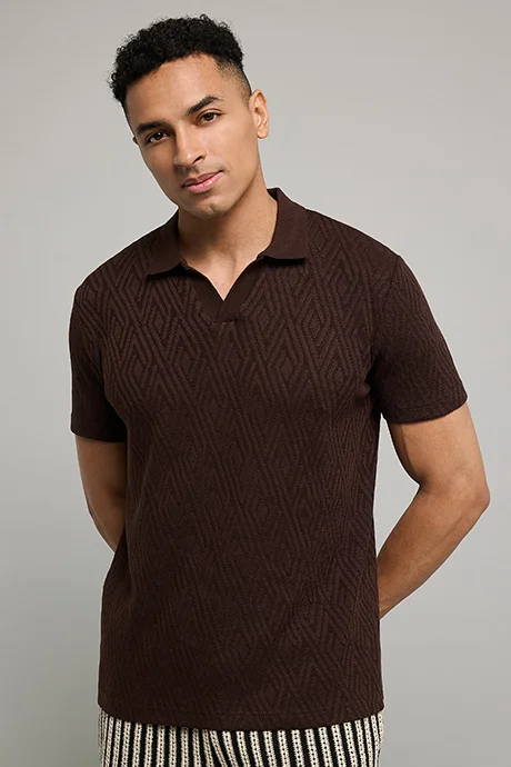 أر أند بي Textured Polo T-Shirt with Short Sleeves